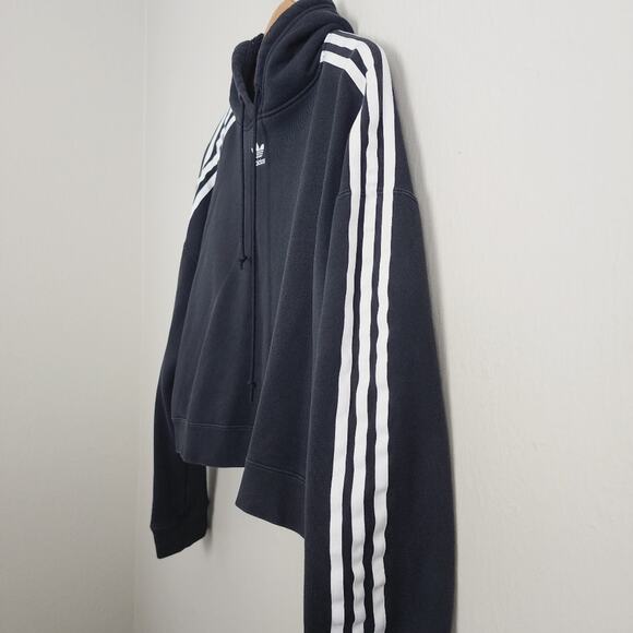 Adidas Iconic 3-Stripes Cropped Fleece Hoodie Black Oversized L Cotton - Picture 4 of 9
